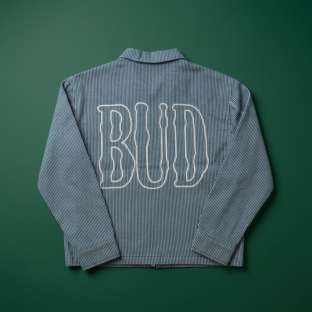 PacSun Budweiser Hickory Stripe Zip Jacket Blue White Mens S BUD Embroidery